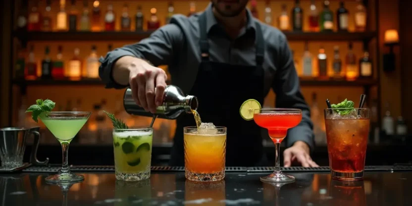 Bartender preparing cocktails in an upscale bar with classic drinks like Martini, Mojito, Old Fashioned, and Negroni on display.