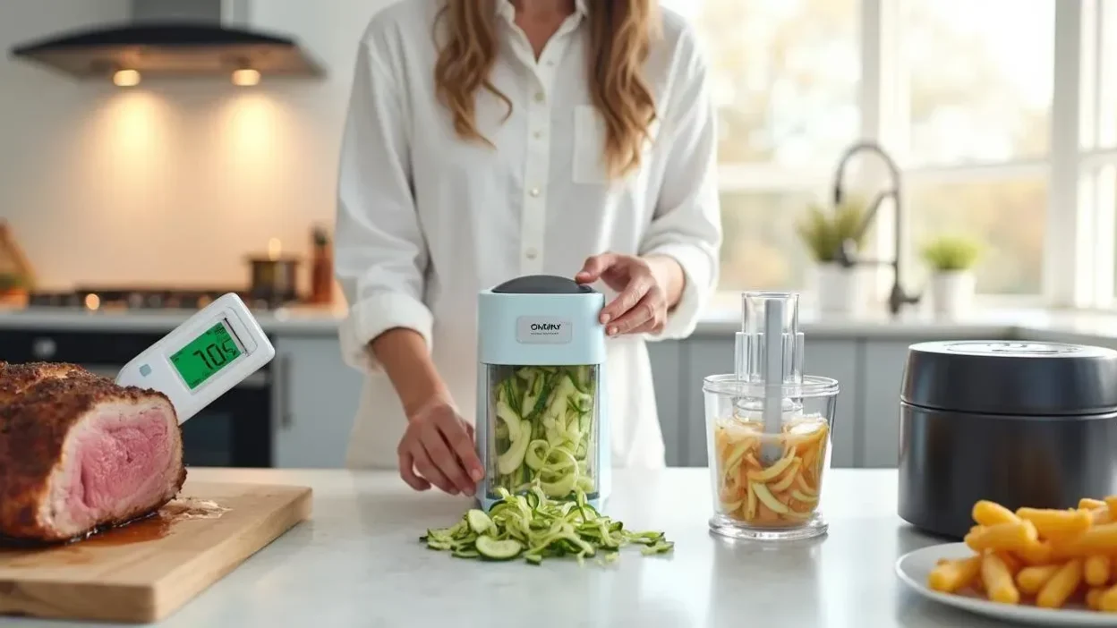 Modern kitchen with smart gadgets like a digital thermometer, spiralizer, air fryer, and food processor in use on a clean countertop.