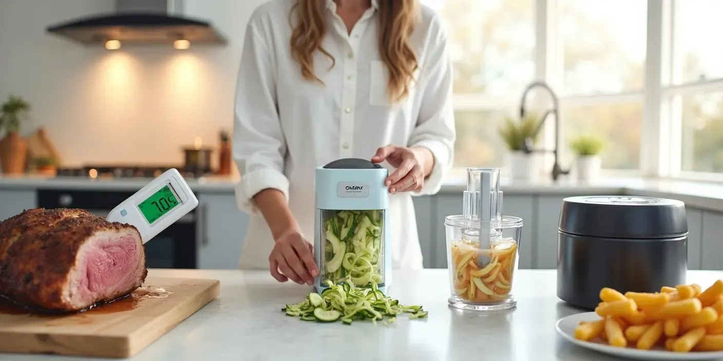 Modern kitchen with smart gadgets like a digital thermometer, spiralizer, air fryer, and food processor in use on a clean countertop.