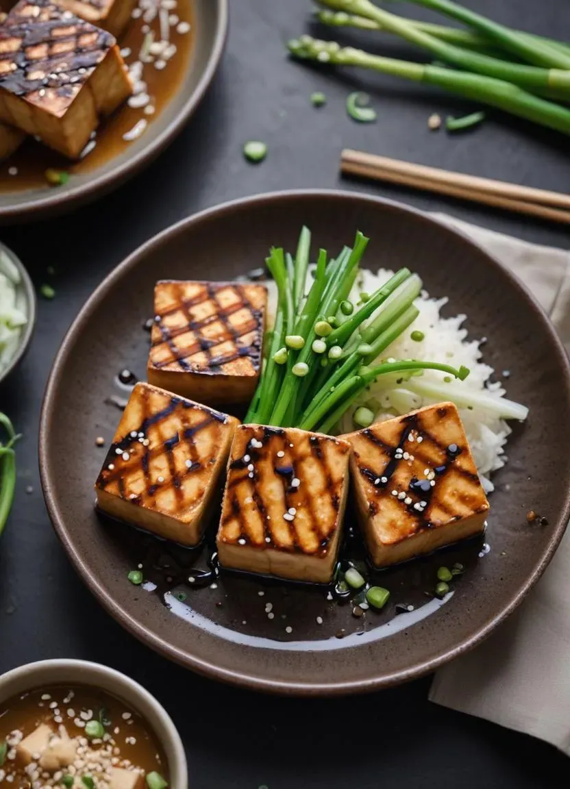 Close-up of a traditional Japanese tofu dengaku dish with golden-brown tofu and savory miso sauce.