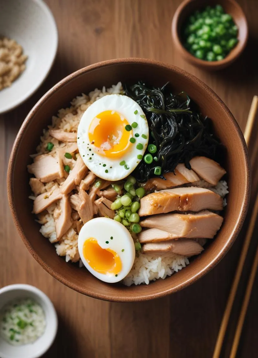 Homemade oyakodon with simmered chicken, soft egg, and onions garnished with green onions