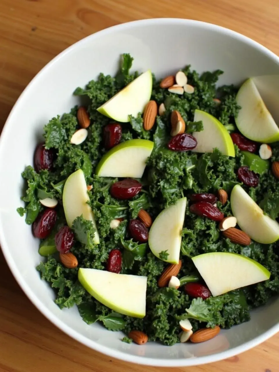 A fresh kale and apple salad with thinly sliced apples, crunchy nuts, and a light dressing, served in a rustic bowl for a crisp and healthy meal