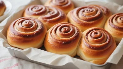 Freshly baked Swedish kanelbullar cinnamon buns with pearl sugar, arranged on a rustic plate, ready to be served with coffee.