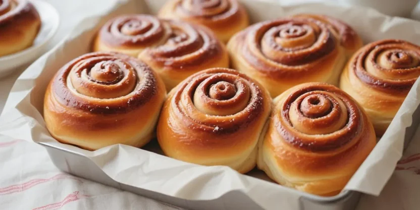 Freshly baked Swedish kanelbullar cinnamon buns with pearl sugar, arranged on a rustic plate, ready to be served with coffee.