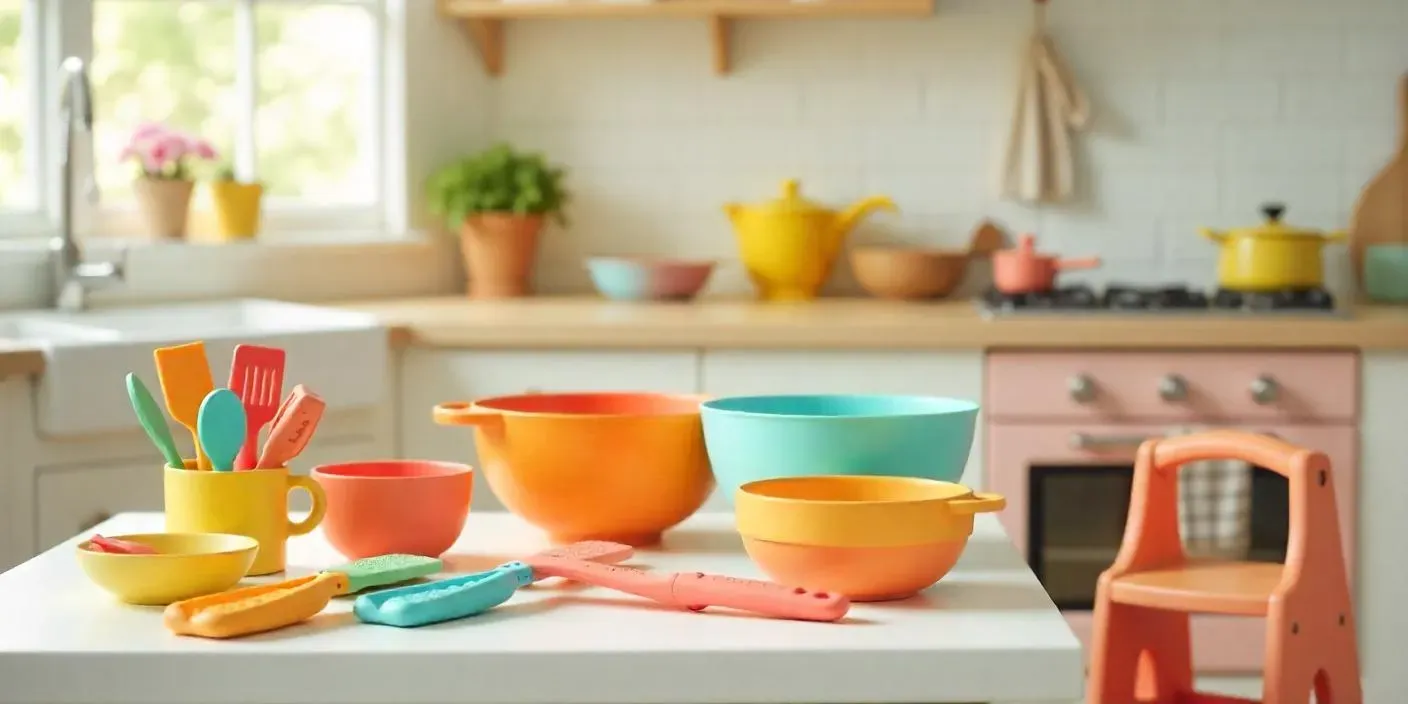 Colorful cooking tools for kids, including bowls, spatulas, and a step stool, set up in a bright kitchen ready for child-friendly cooking activities.