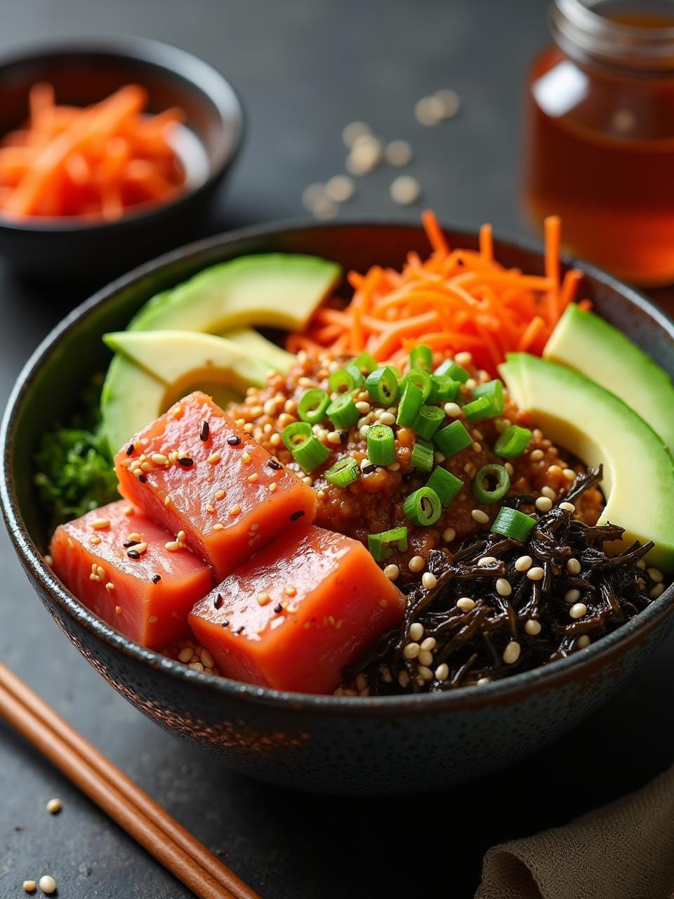 Poke bowl with marinated tuna, kimchi, avocado, cucumber, carrots, seaweed salad, sesame seeds, and spicy mayo over sushi rice, styled with Korean flair.