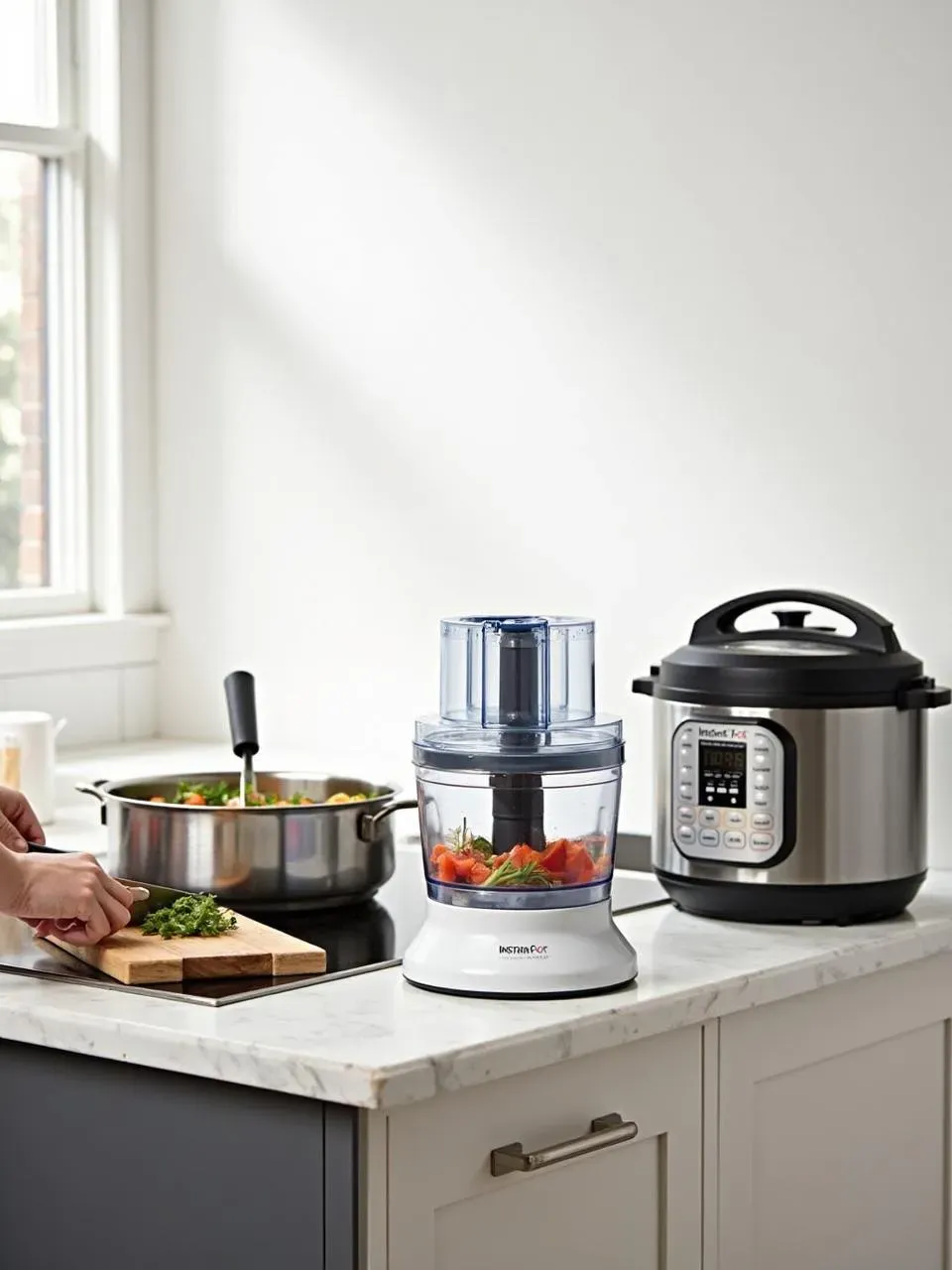 Kitchen with time-saving gadgets including a mini food processor, automatic pot stirrer, and multi-cooker helping streamline meal preparation.