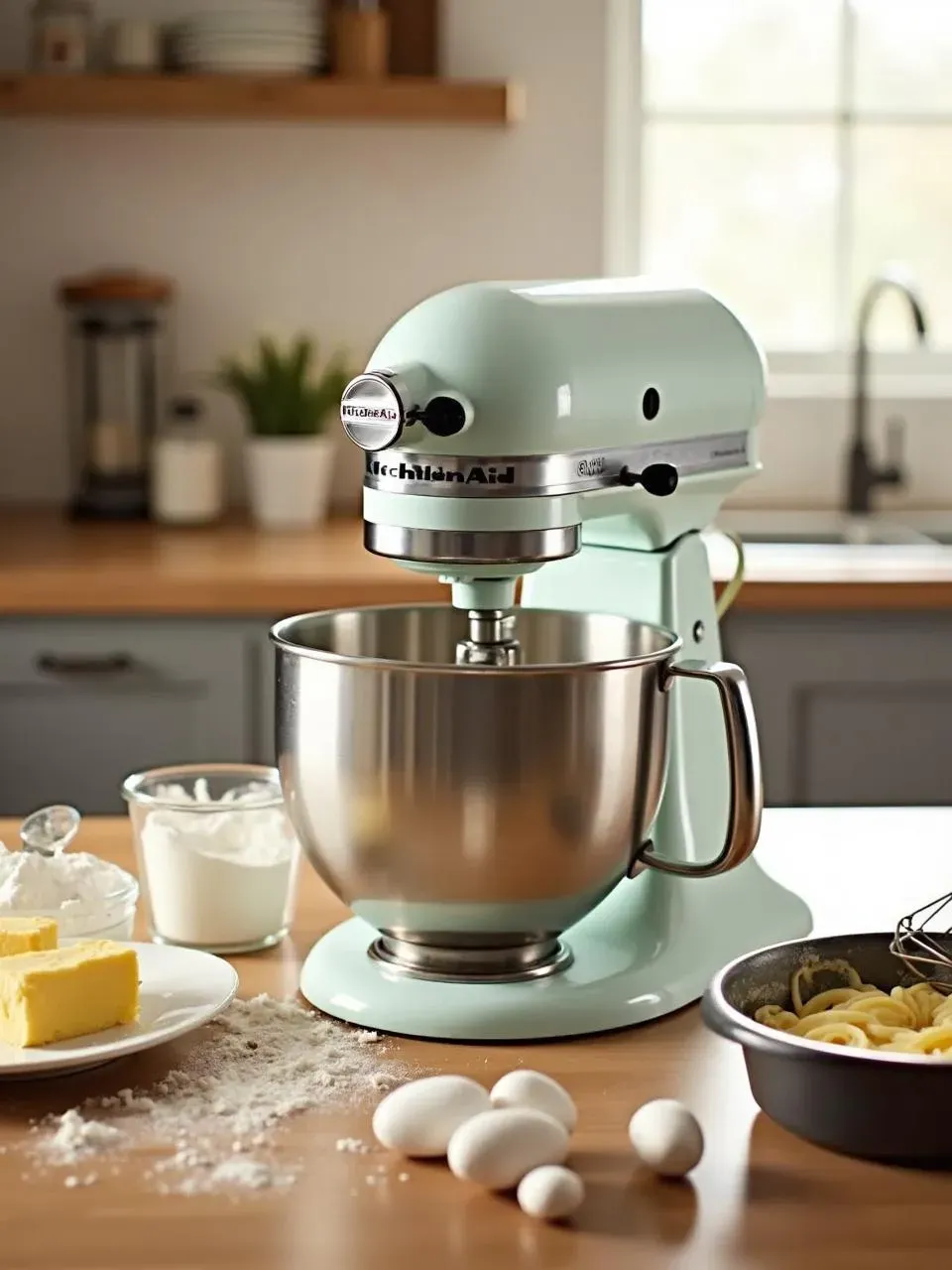 KitchenAid Stand Mixer whipping cake batter with baking ingredients around it in a cozy, stylish kitchen.