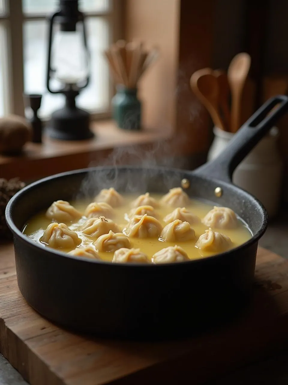 Close-up of Kumla potato dumplings covered in browned butter and garnished with crispy bacon