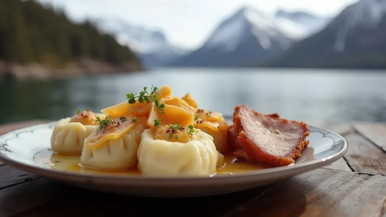 Traditional Norwegian Kumla dumplings served with pork and brown cheese on a rustic table
