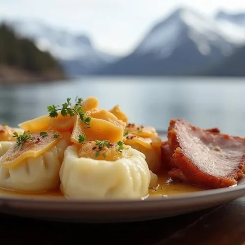 Traditional Norwegian Kumla dumplings served with pork and brown cheese on a rustic table