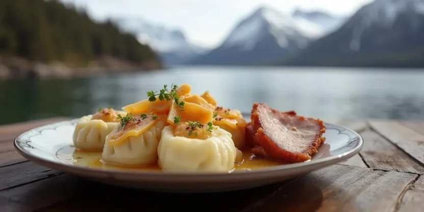 Traditional Norwegian Kumla dumplings served with pork and brown cheese on a rustic table