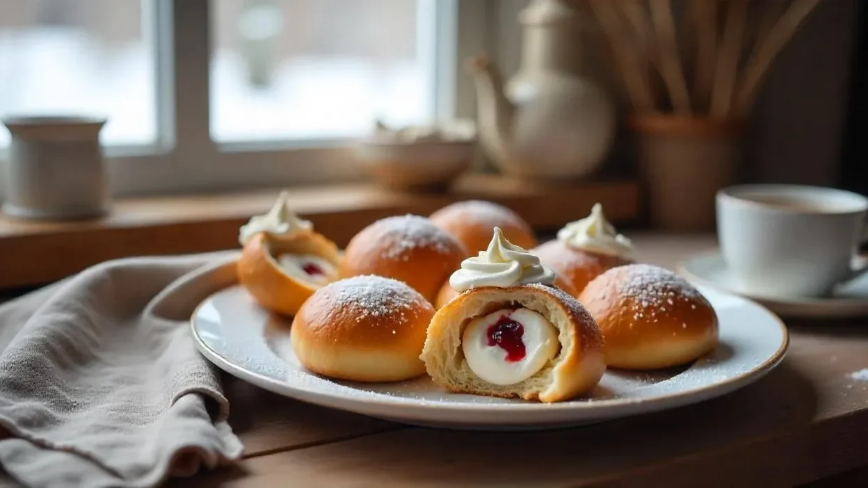 Laskiaispulla buns filled with whipped cream, almond paste, and jam, dusted with powdered sugar, served in a cozy Finnish setting for Shrove Tuesday.