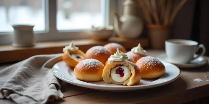 Laskiaispulla buns filled with whipped cream, almond paste, and jam, dusted with powdered sugar, served in a cozy Finnish setting for Shrove Tuesday.