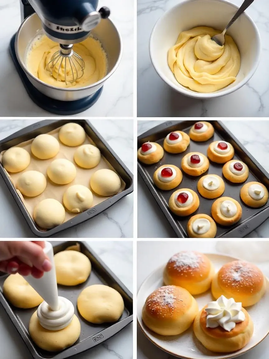 Step-by-step process of making Finnish Laskiaispulla buns, from dough preparation to baking and filling with cream, jam, and almond paste.