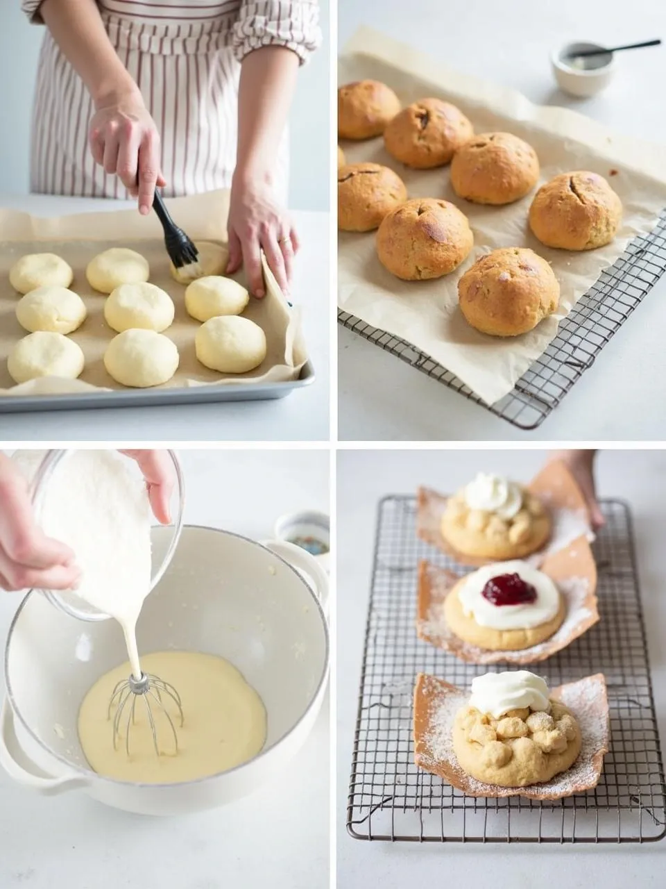 Step-by-step process of making Finnish Shrovetide Buns (Laskiaispulla), including shaping, baking, and filling the buns with cream and jam in a cozy Nordic kitchen.