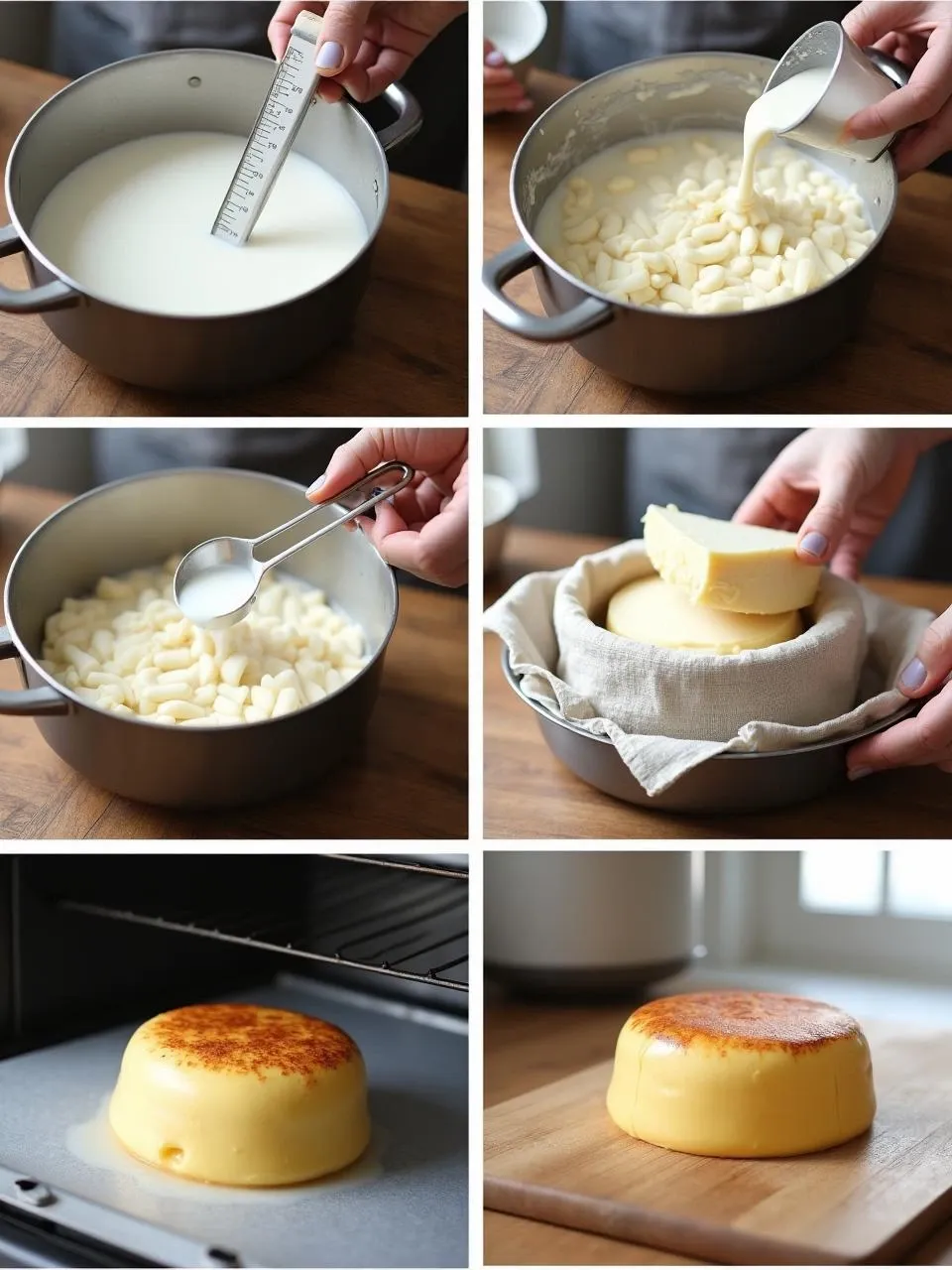 Step-by-step images showing how to make traditional Finnish squeaky cheese (Leipäjuusto) at home, from heating the milk to pressing and broiling the final cheese.