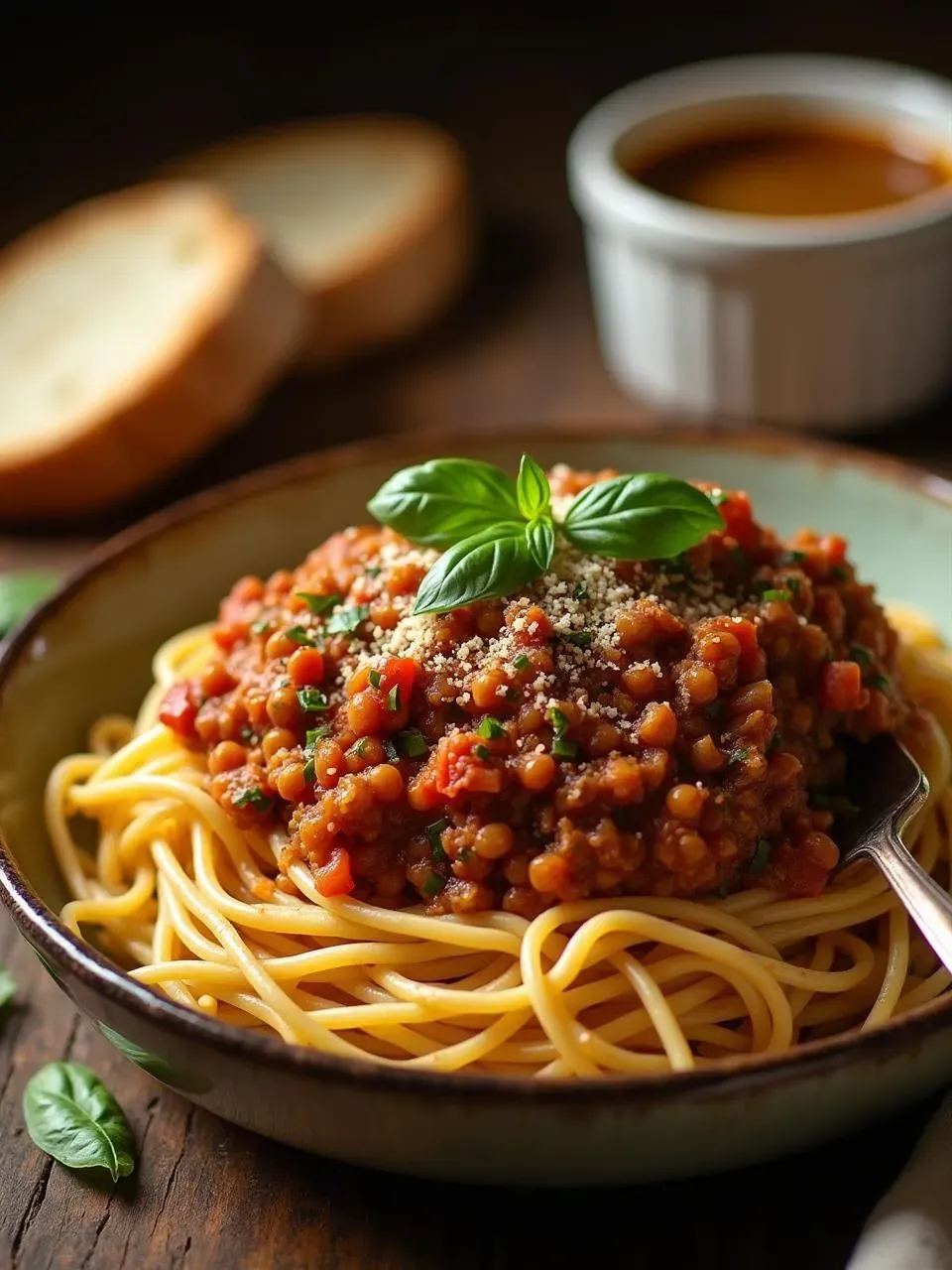 Vegan lentil bolognese sauce with carrots and herbs served over spaghetti, topped with basil and nutritional yeast in a rustic Italian setting.