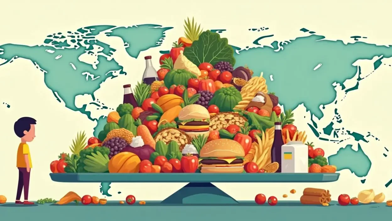 Illustration of a person beside a huge food scale symbolizing 35 tons of lifetime food consumption, featuring fruits, vegetables, grains, fast food, and a world map in the background representing global dietary habits.