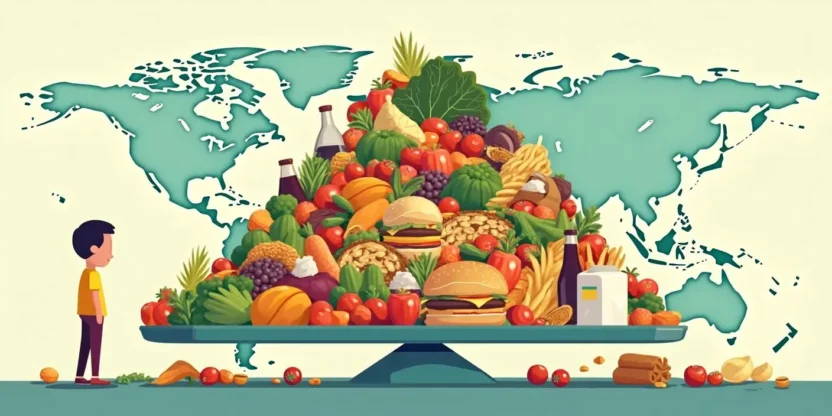 Illustration of a person beside a huge food scale symbolizing 35 tons of lifetime food consumption, featuring fruits, vegetables, grains, fast food, and a world map in the background representing global dietary habits.