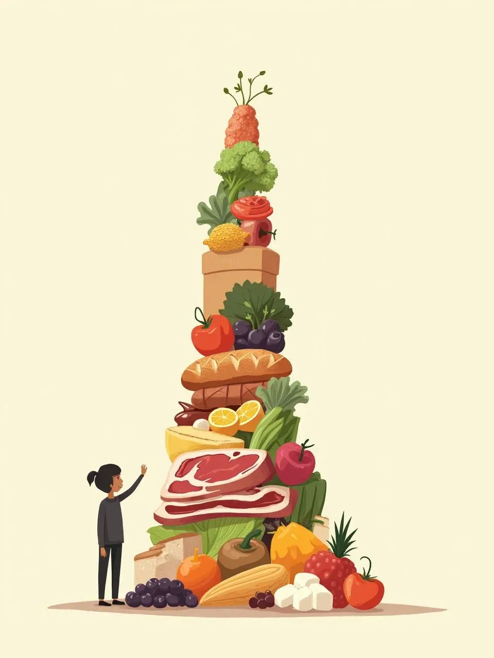 Minimalist illustration of a person standing next to a tall pile of assorted foods symbolizing lifetime food consumption.