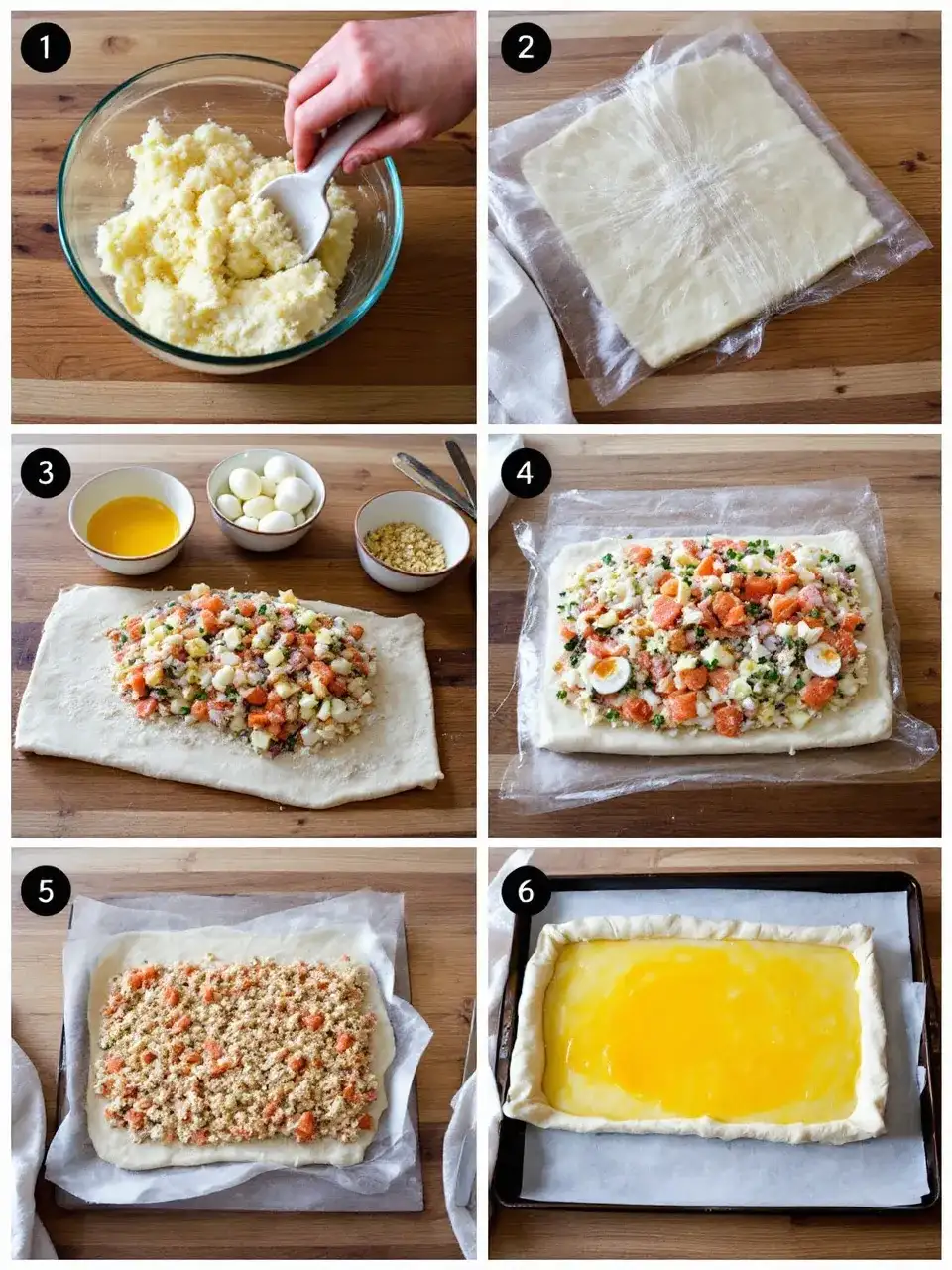 Step-by-step process of preparing Finnish salmon pie (Lohipiirakka), showing crust making, filling preparation, pie assembly, and baking stages.