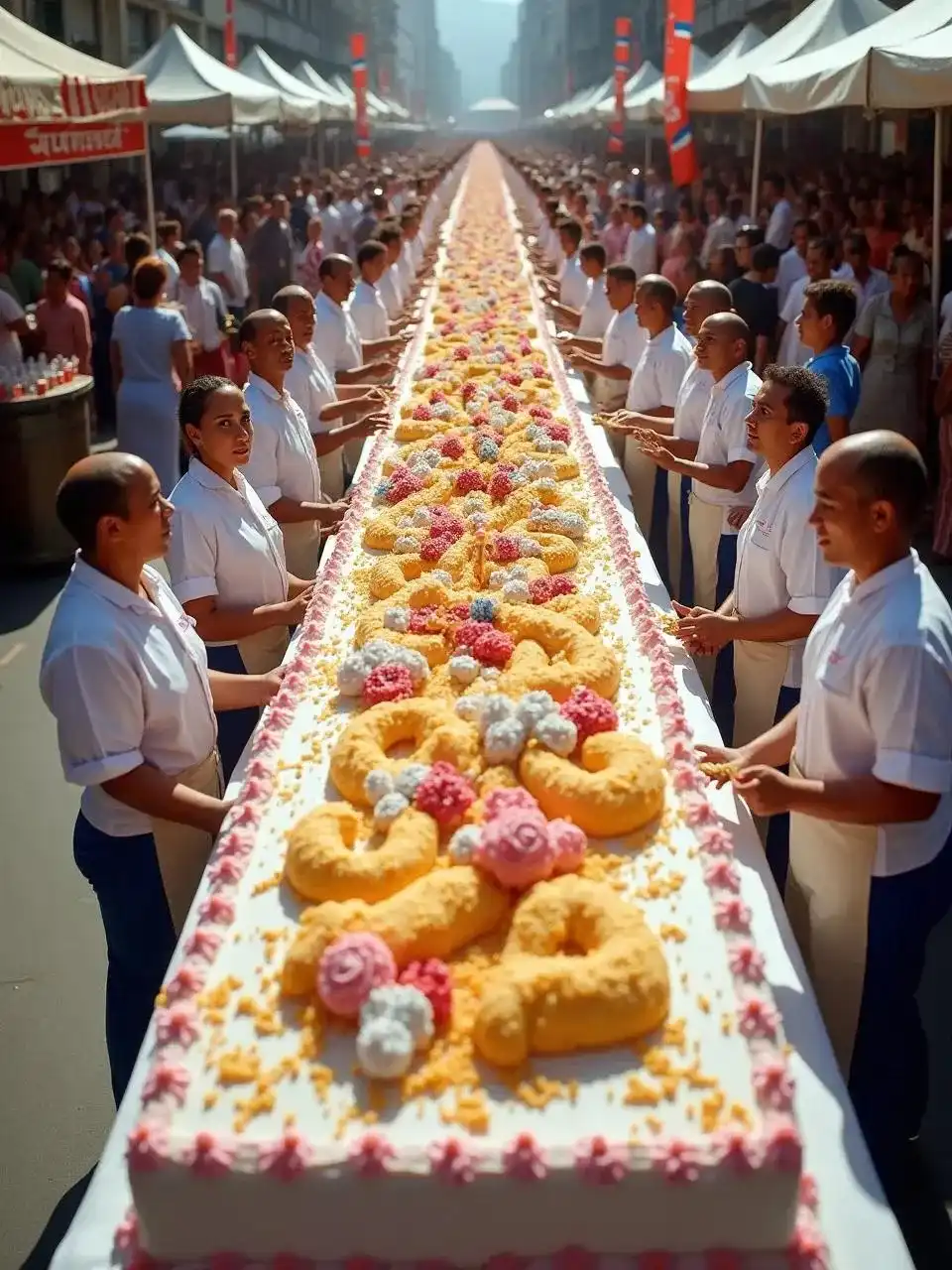 Photo of the world’s longest cake displayed outdoors with bakers and crowds celebrating at a public event.