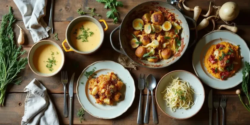 Rustic table with dishes made from heritage vegetables: parsnip soup, gratin, mash, slaw, and hash, surrounded by raw roots and herbs.