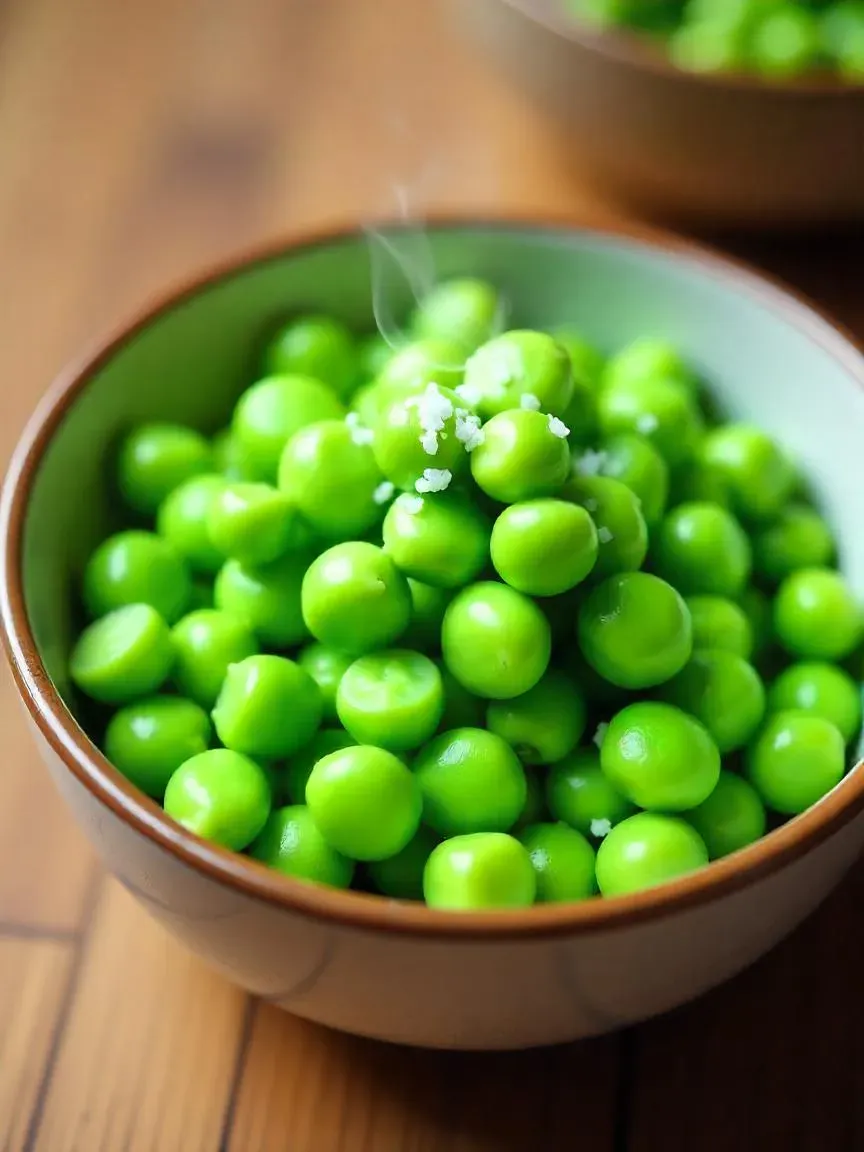 Bowl of freshly steamed edamame pods sprinkled with sea salt, gently steaming on a wooden surface. 