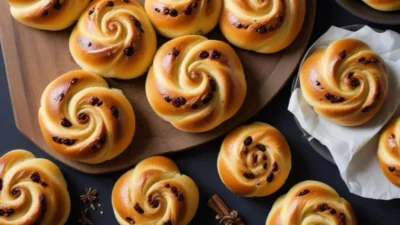 Golden Swedish saffron buns shaped into elegant swirls with raisins on top, served on a wooden board.