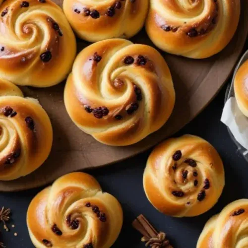 Golden Swedish saffron buns shaped into elegant swirls with raisins on top, served on a wooden board.