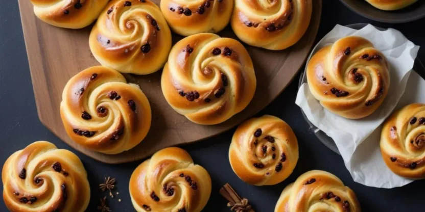 Golden Swedish saffron buns shaped into elegant swirls with raisins on top, served on a wooden board.