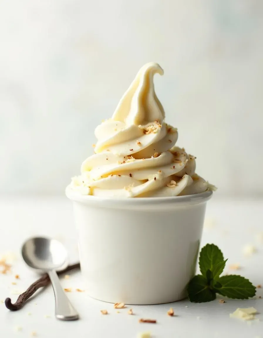 Creamy Madagascar vanilla bean frozen yogurt with visible vanilla specks, served in a white cup with a vanilla pod garnish.