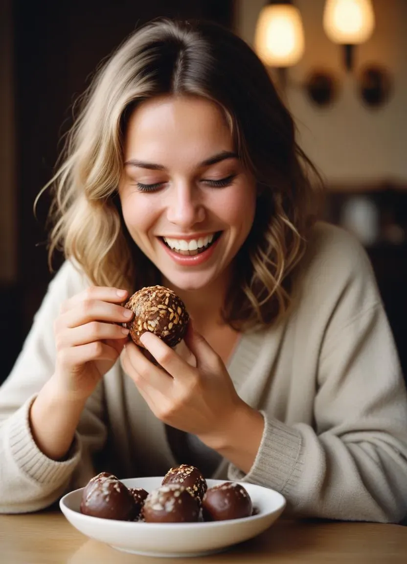 A cozy setting with Swedish chokladbollar (chocolate oat balls) served on a plate, accompanied by a steaming cup of coffee, embodying the essence of a traditional fika break.