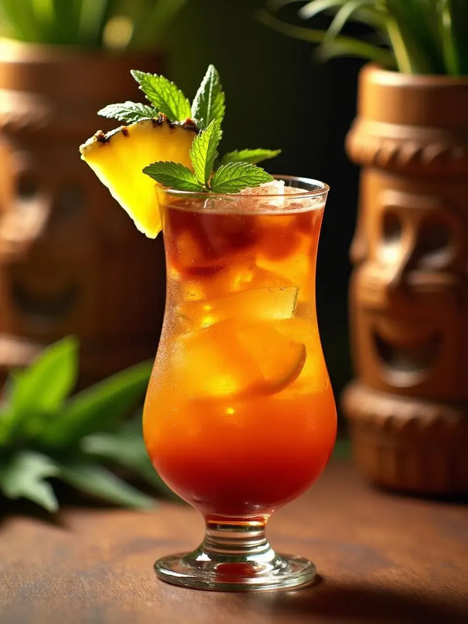 Mai Tai cocktail with light and dark rum, lime, and orgeat syrup, served over crushed ice with tropical garnishes in a tiki-style glass.