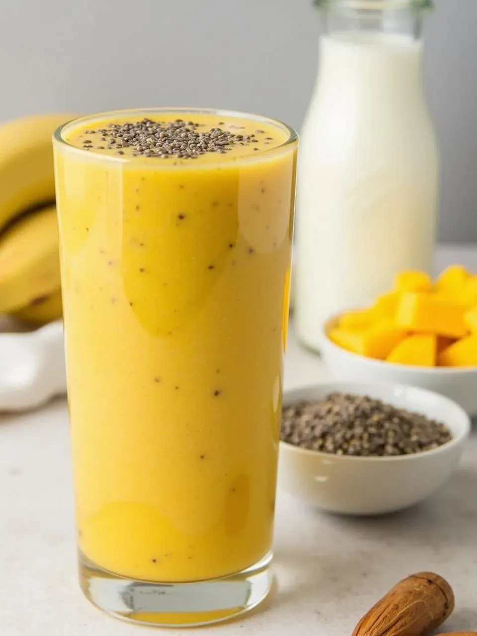 Mango chia pudding smoothie in a jar with fresh mango, banana, chia seeds, and almond milk on a clean surface.