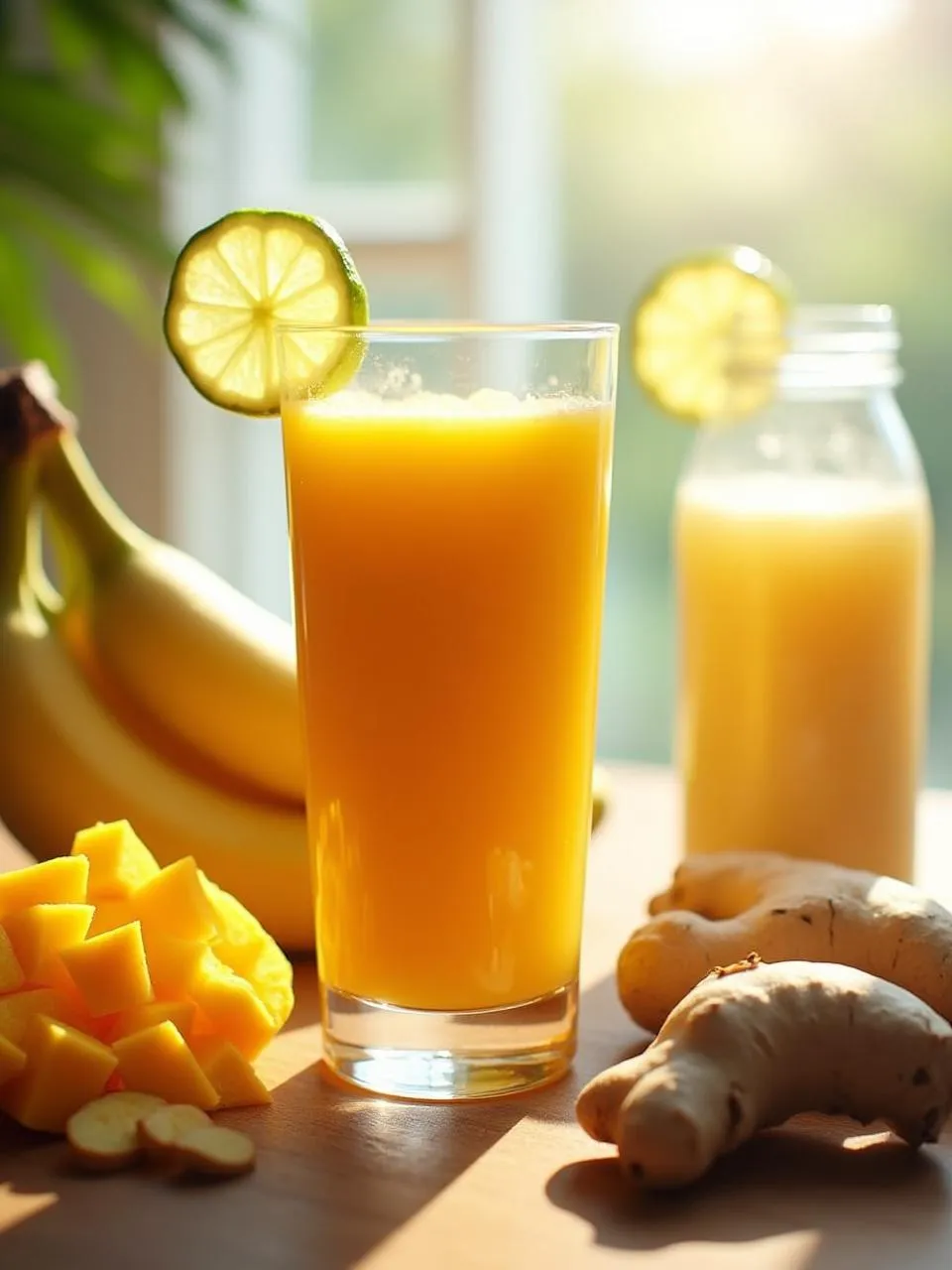 Glass of mango ginger smoothie with fresh mango, banana, ginger, and coconut water on a bright tropical-style background.