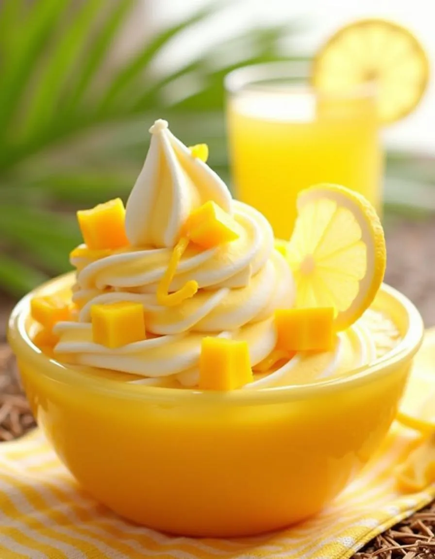 Mango lemonade frozen yogurt swirled with mango cubes and lemon slices on a tropical-themed background. 