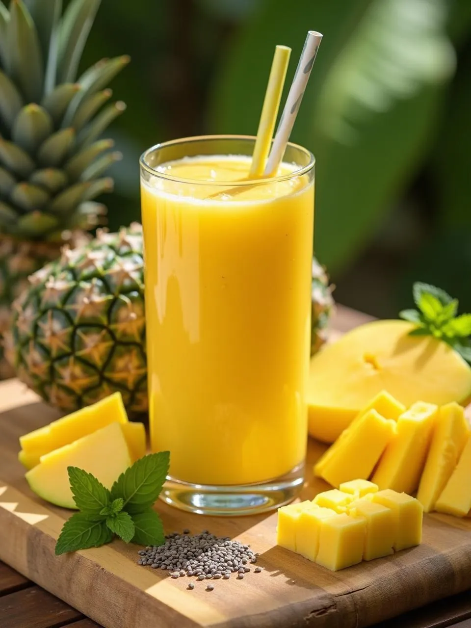 Glass of mango pineapple smoothie surrounded by fresh mango, pineapple, and chia seeds, presented in a bright, tropical setting.