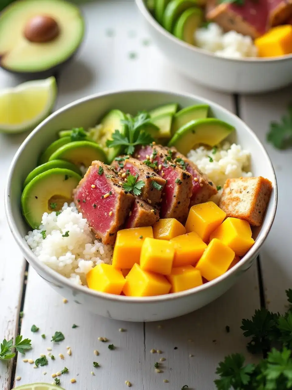 Poke bowl with fresh mango cubes, seared tuna, avocado, cucumber, radish, and sesame seeds over sushi rice, drizzled with citrus vinaigrette.
