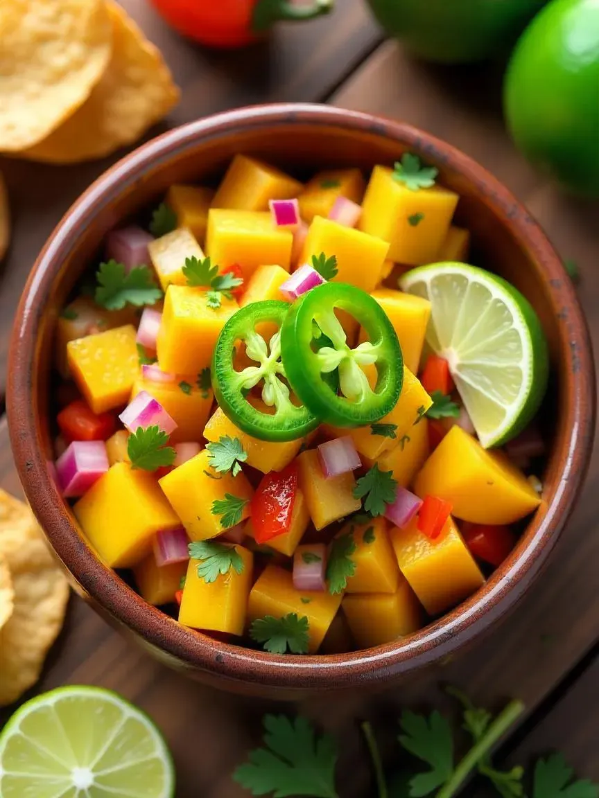A bowl of fresh mango salsa with diced mango, red onion, cilantro, and lime, served as a vibrant tropical summer dish