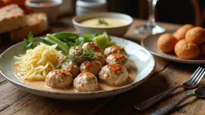 Latvian Onion Klopsi meatballs served with potatoes and pickles on a rustic wooden table.