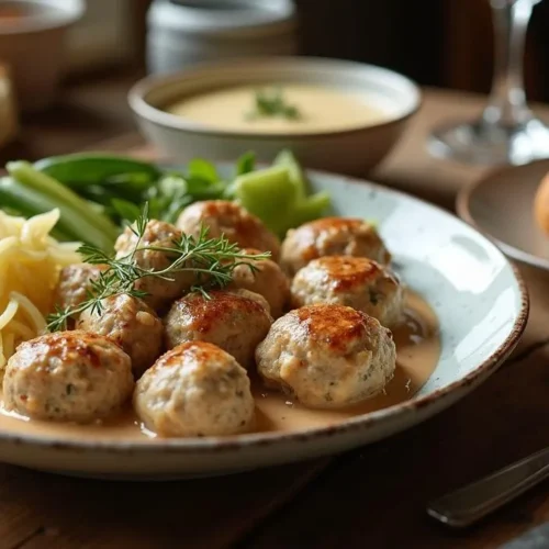 Latvian Onion Klopsi meatballs served with potatoes and pickles on a rustic wooden table.