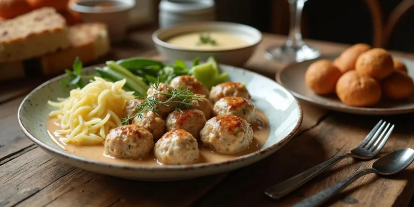 Latvian Onion Klopsi meatballs served with potatoes and pickles on a rustic wooden table.