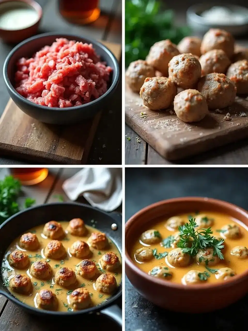 Homemade meatballs served with creamy gravy and herbs — classic comfort food.