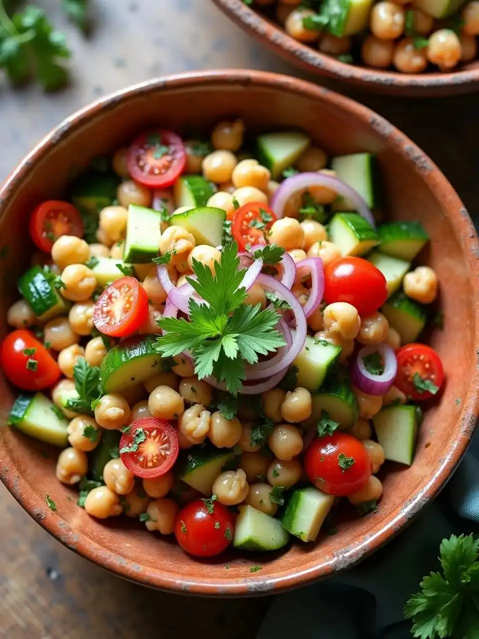 A vibrant Mediterranean chickpea salad with cucumbers, cherry tomatoes, red onions, and fresh parsley, dressed with olive oil and lemon juice in a rustic bowl.