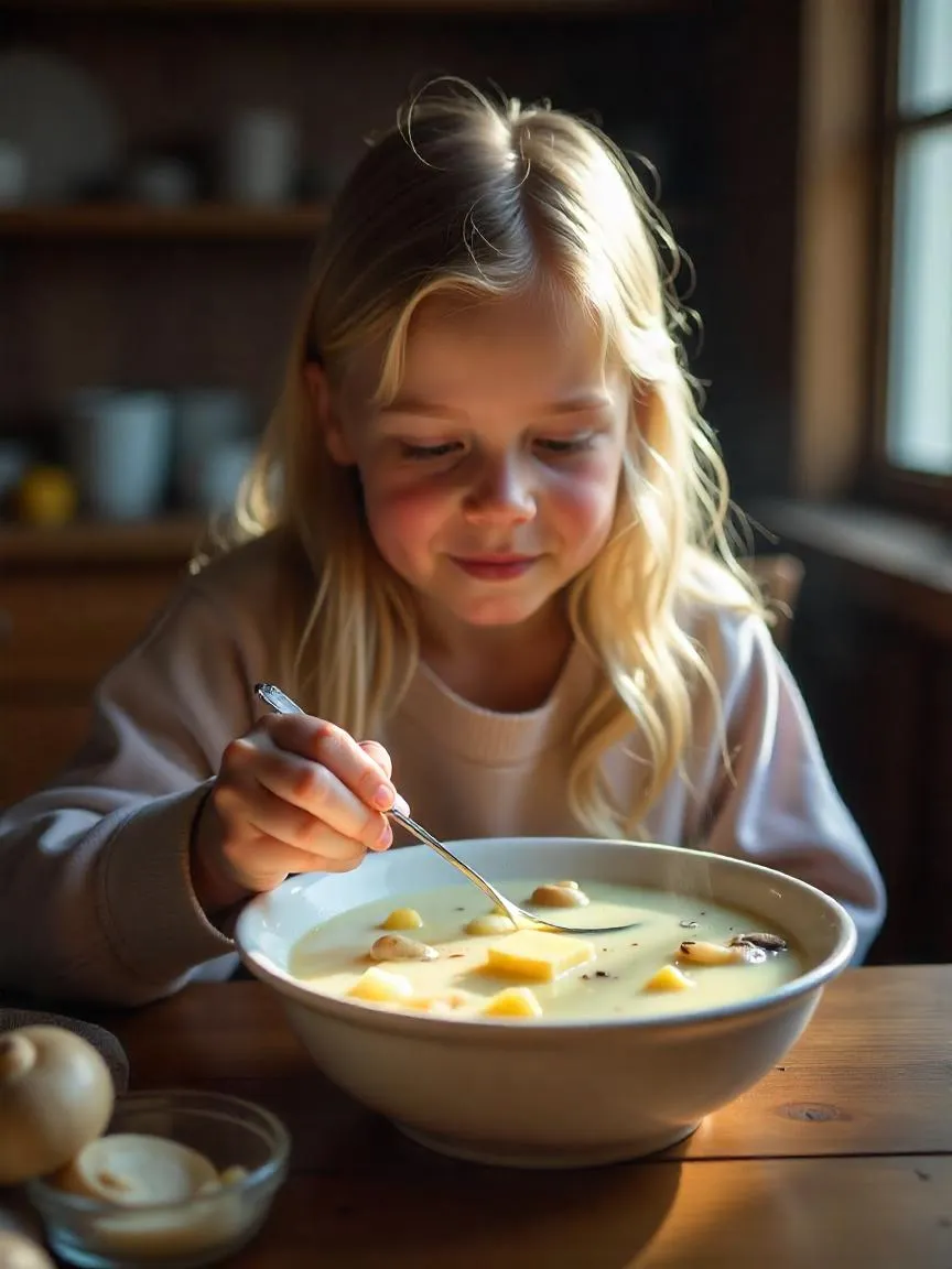 A girl at the table eats milk soup with potatoes and mushrooms