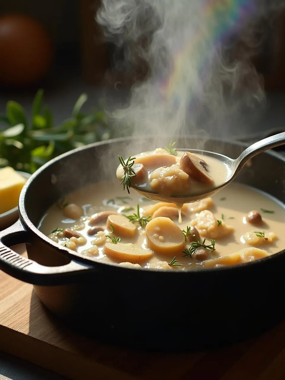 A pot of boiling milk soup with potatoes and mushrooms