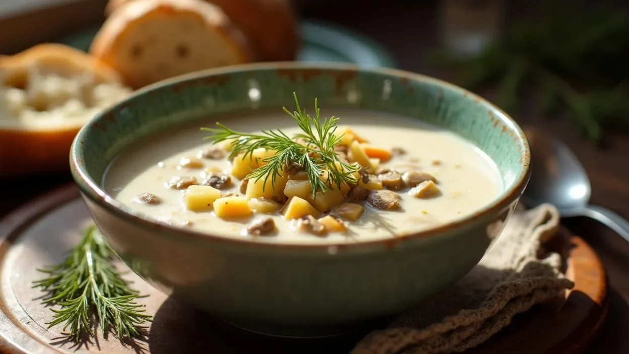 A bowl of creamy Latvian milk soup with potatoes and mushrooms, garnished with dill and served with rye bread