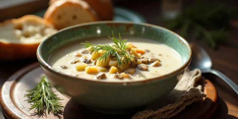 A bowl of creamy Latvian milk soup with potatoes and mushrooms, garnished with dill and served with rye bread